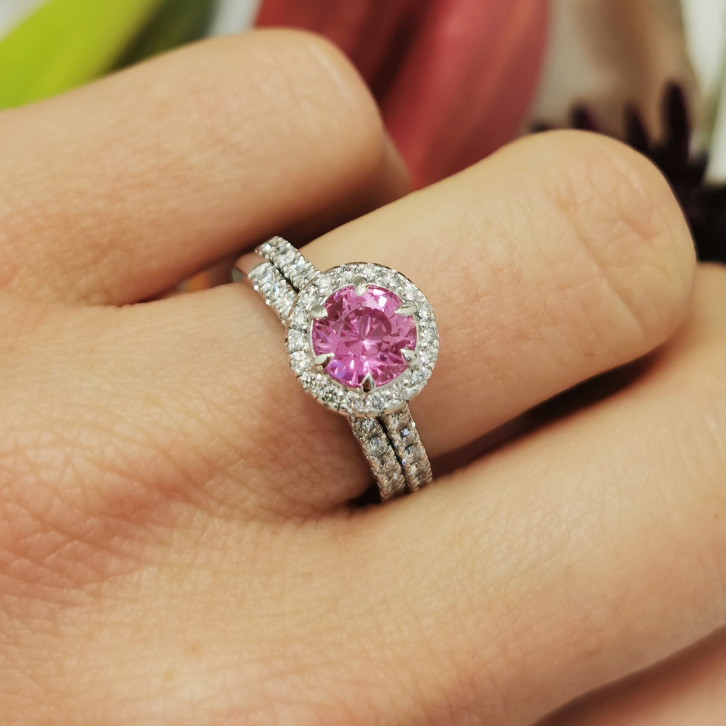 BillHicksDesign's tweet image. This bright and beautiful pink Sapphire and diamond halo is simply stunning.  
If you are looking for a coloured stone engagement ring then get in touch with our expert gemmologists today, and we will help you find the perfect gem for your dream ring.