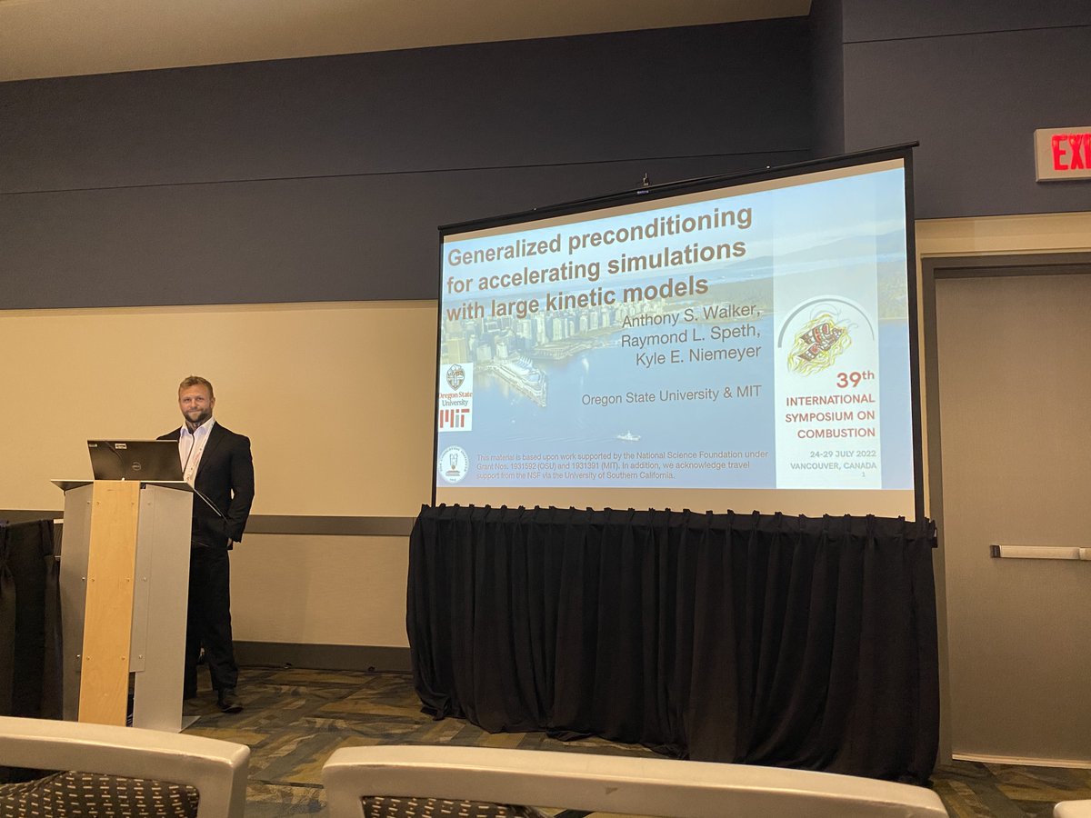 kyleniemeyer's tweet image. Anthony Walker, PhD student in @Niemeyer_RG at @EngineeringOSU, gave a great (and well-attended!) talk at the @Combustion_Intl Symposium in Vancouver this afternoon, showing  his work accelerating reactor simulations in @CanteraSoftware