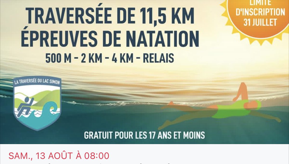 ccretcha's tweet photo. Le départ de la

Les inscriptions sont encore ouvertes jusqu'au 31 juillet, minuit pour. la Traversée à la nagdu lac Simon, présentée par @Xplornet Communications In. https://t.co/zeRLVYBgqN .

🌊🏊‍♀️
11,5 km
4 km
2 km
500 m
Relais 3x500 m

#lacsimon #traverséelacsimon https://t.co/kPZzNfmHbY