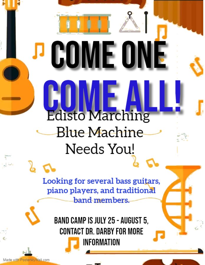 Edisto High School (@edistocougars) on Twitter photo Marching Band Season 2022 is up & Running!
Edisto Marching Blue Machine Summer Camp:
July 25 - August 5, 2022, 7:30 am - 5:30 pm
No experience needed for band members and some instruments can be provided.
Contact Dr. Ophelia Darby with questions.
ophelia.darby@ocsdsc.org Marching Band Season 2022 is up & Running!
Edisto Marching Blue Machine Summer Camp:
July 25 - August 5, 2022, 7:30 am - 5:30 pm
No experience needed for band members and some instruments can be provided.
Contact Dr. Ophelia Darby with questions.
ophelia.darby@ocsdsc.org