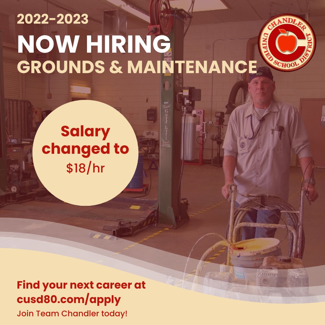 As part of the grounds and maintenance staff, your office is where the future plays and learns. We're now hiring support services crew members starting at $18/hour. Join Team Chandler today: cusd80.com/apply #WeAreChandlerUnified #jobalert #nowhiring