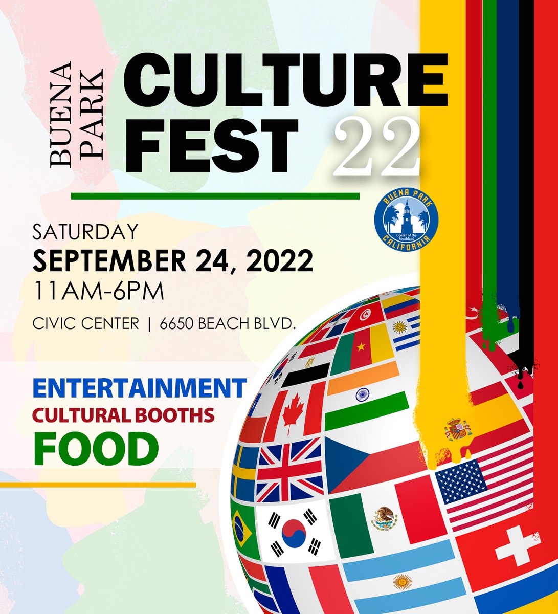Want to participate in the City's first ever CultureFest? We are looking for cultural vendors from the community to participate.

To inquire, please contact (714) 562-3860 or finearts@buenapark.com
