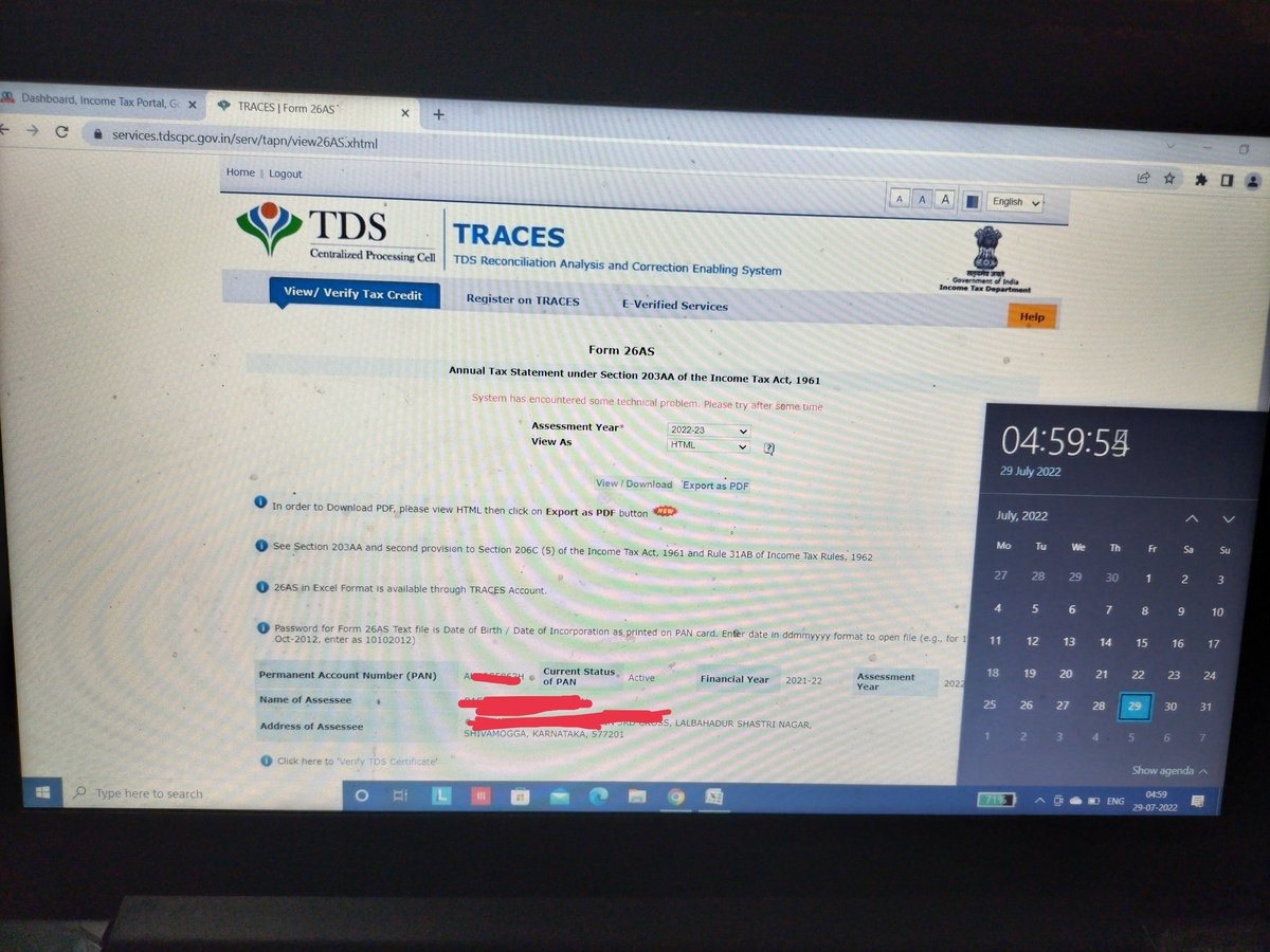 Pradeep925793's tweet photo. Not able to download Form 26AS today (29-07-2022 05:04am).  Error showing as "System has encountered some technical problem.  Please try after some time".  In this type of portal you want to complete the filing. #Extend_incomeTax_Return_duedates @IncomeTaxIndia @nsitharaman https://t.co/wqzds1UlvQ