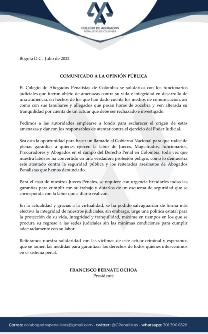 CPenalistas's tweet photo. El @CPenalistas rechaza de manera categórica todo tipo de amenazas, atentados y/o similares que se cometan en contra de cualquier profesional que se dedique al ejercicio del Derecho Penal, sea cual sea el rol que desempeñe en el proceso. https://t.co/KZeXMWUpbK