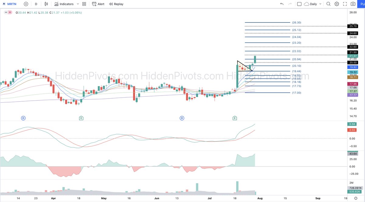 HiddenPivots's tweet image. $MRTN daily ⬆️ Clean bull pennant consolidation breakout follow through.
#HPchartroom