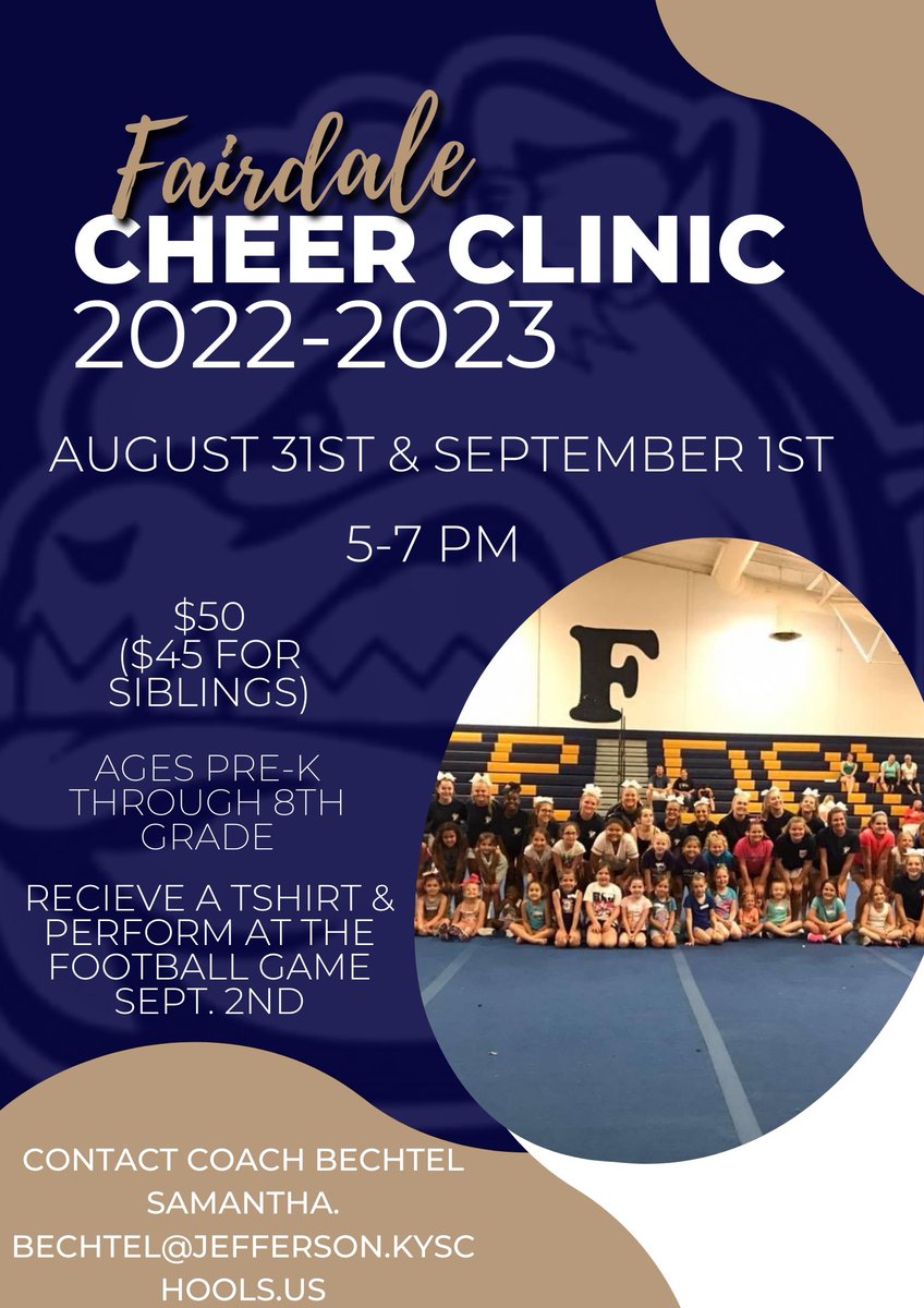 FHSCHEER1's tweet photo. We are so excited to announce the return of our Youth Cheer Clinic! Participants get to cheer alongside the FHS Varsity Cheerleaders during the home football game on 9/2!
Click the link in our bio for the registration form
Contact Coach Bechtel with any questions
#fairdale4life https://t.co/jRCNl2xcs8