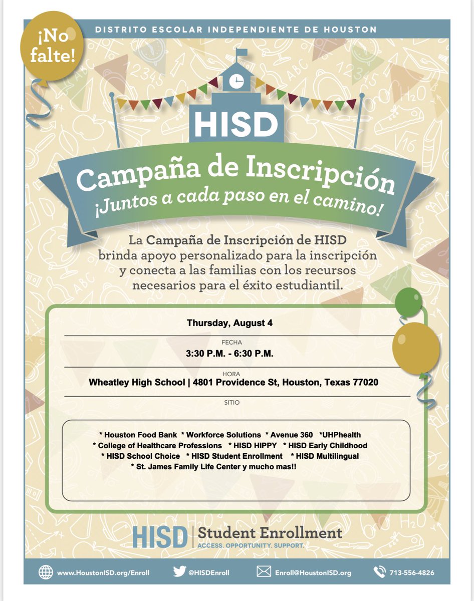 HISD MSG:  Join us for a Student Enrollment Application and Resources Drive on August 4 from 3:30 pm - 6:30 pm at Wheatley High School.