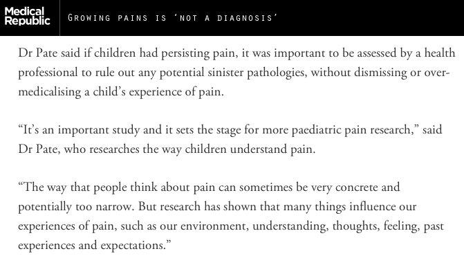 Joshua W. Pate, PhD (@joshuawpate) on Twitter photo I was interviewed by <a href="/Medicalrepublic/">The Medical Republic</a> to comment on a fascinating paper about growing pains (and paediatric pain more broadly).
Here’s the paper by <a href="/MaryOKeeffe007/">Mary O'Keeffe</a> <a href="/stevekamper1/">Steve Kamper</a> <a href="/cmwillow/">Christopher Williams</a> et al: publications.aap.org/pediatrics/art…
And a screenshot from the article: medicalrepublic.com.au/growing-pains-… I was interviewed by <a href="/Medicalrepublic/">The Medical Republic</a> to comment on a fascinating paper about growing pains (and paediatric pain more broadly).
Here’s the paper by <a href="/MaryOKeeffe007/">Mary O'Keeffe</a> <a href="/stevekamper1/">Steve Kamper</a> <a href="/cmwillow/">Christopher Williams</a> et al: publications.aap.org/pediatrics/art…
And a screenshot from the article: medicalrepublic.com.au/growing-pains-…