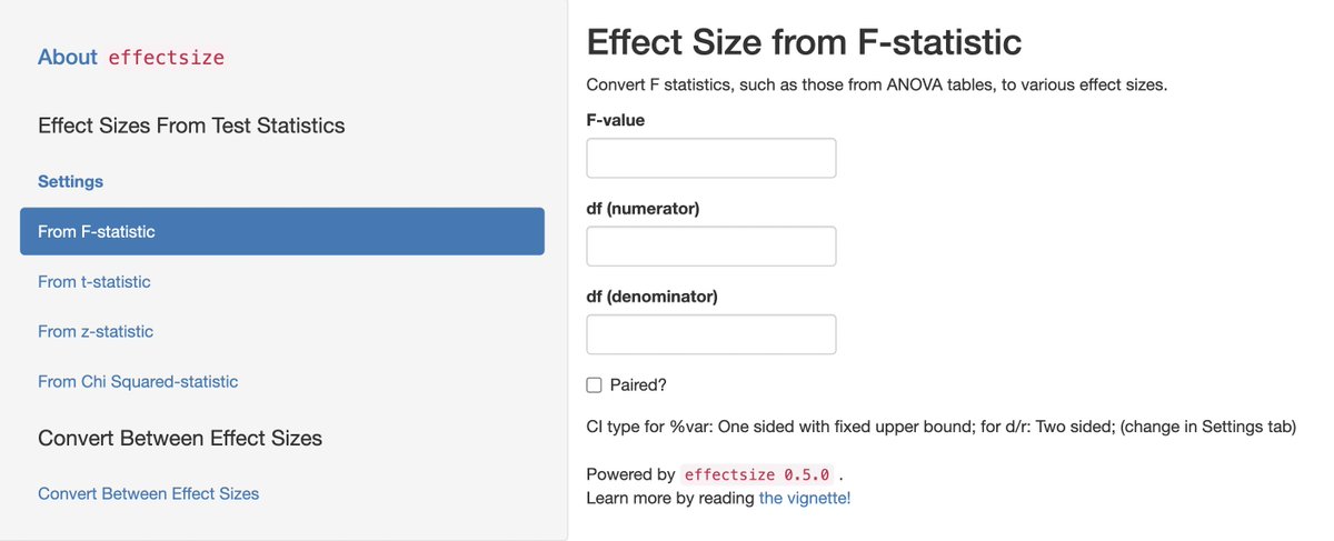 ICYMI, not only does that {effectsize} 📦 provide a way to compute and convert between most effect sizes, it also provides a Shiny app to do so! ✨

App: easystats4u.shinyapps.io/statistic2effe…
Website: easystats.github.io/effectsize/

N.B. The app isn't as comprehensive as the 📦.

#rstats #DataScience