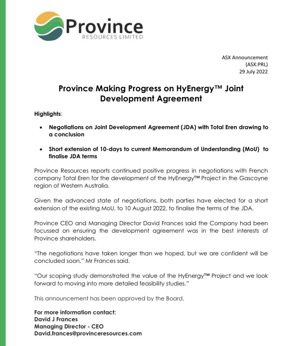Province_ASX's tweet photo. Province Resources has continued positive negotiations with Total Eren in relation to the Joint Development Agreement of the #Hyenergy project in the Gascoyne of Western Australia. A 10 day extension has been agreed to finalise the JDA
$PRL #GreenHydrogen #Wind #Solar #ESG https://t.co/5lsxfvHOEg