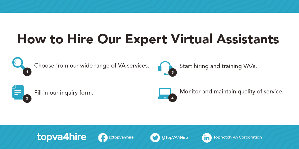 Ready to take some of the burden off your shoulders? Work with our virtual assistants to help you! Here's how you can hire our experts in just four easy steps. 

#virtualassistantservices #vaexperts #TopVA4Hire