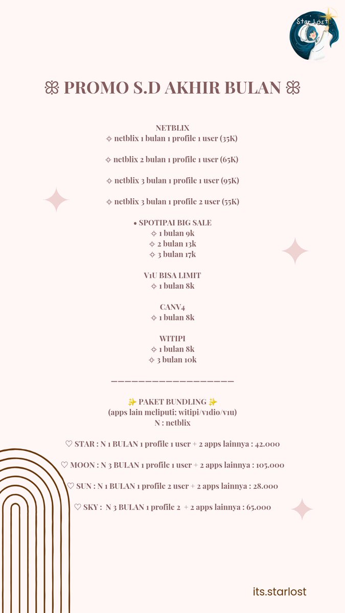 starrlost_'s tweet image. haii. been a while since the last promooo. now, here we goooo✨️✨️

t. jual netflix murah, netflix promo, jual viu, jual disney hotstar