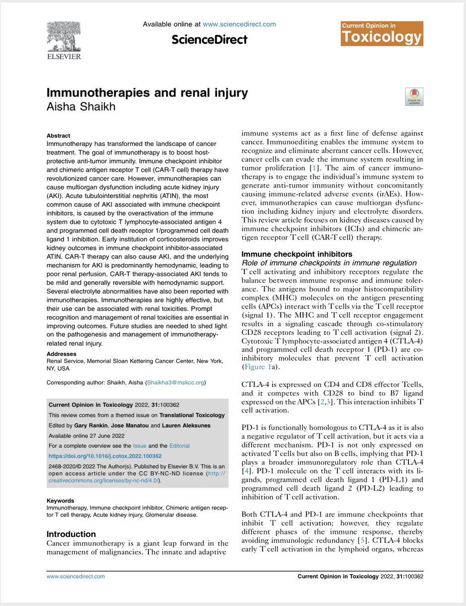 📌 “Immunotherapies and renal injury” published in Current Opinion in Toxicology

doi.org/10.1016/j.coto…

📌 Tweetorial 

🔸 Basic principle of immunotherapy 

🔸Impact of immune checkpoint inhibitors on kidney function

1/