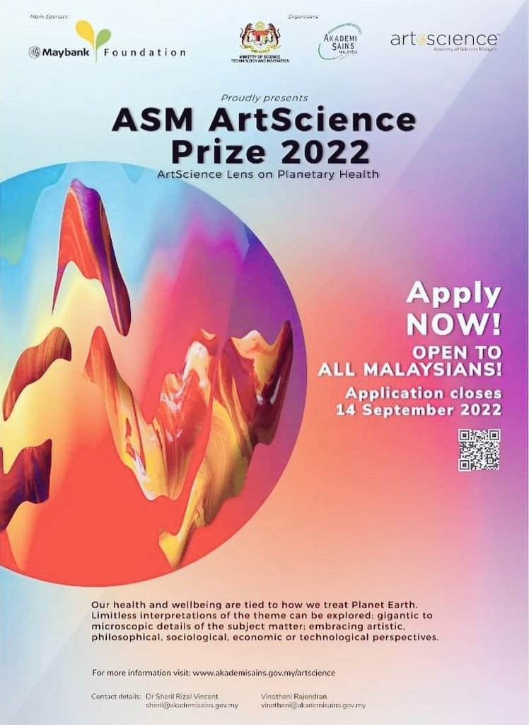 ASM #ArtScience Prize 2022 competition with the theme of “ArtScience Lens on Planetary Health”. This competition anticipates artworks in the form of visual art, time-based or new media categories.

Submit your work via forms.gle/cnTsawxu9Q5zC1….

#KeluargaMalaysia
#STIpemacuekonomi
