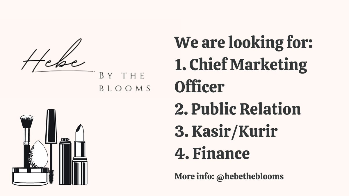 GoldenJGroup's tweet photo. HEBE @hebetheblooms (Cosmetic Retail Shop):

- Chief Marketing Officer (1)
- PR (1)
- Cashier/Courier (2)
- Finance (2)

More information: @GoldenJGroup https://t.co/xjBTuzclZM