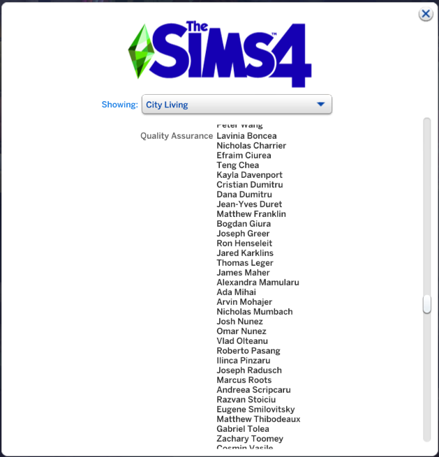 gabeisageko's tweet photo. For perspective, High School Years only had SIX QA testers, City Living had so many they couldnt list them all in one screen
#TheSims #TheSims4 https://t.co/RYP8W0NBtV