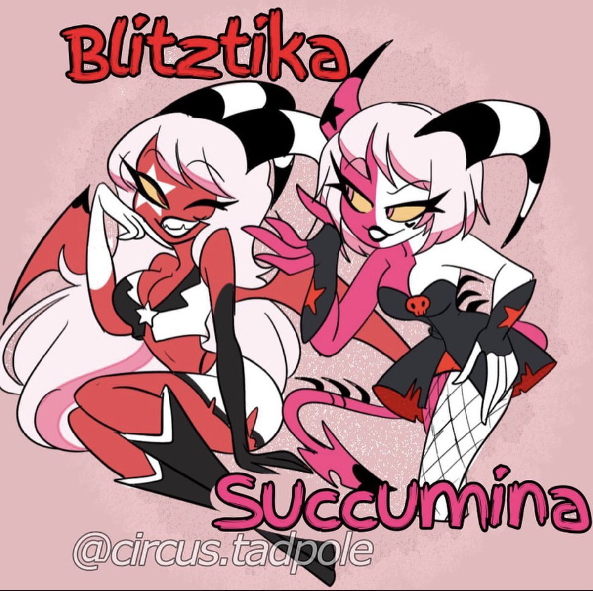 candy__carcass's tweet photo. Presenting blitzø x verosikas love children- blitzika (obvi their names put together) and succumina the “succubitch” 💕🩸I MADE THEM B4 I KNEW THAT IMPS HORNS MEANT GENDER, SO IGNORE THAT. THEY’RE BOTH FEMALE 😭 #helluvaboss #helluvabossfanart #helluvabossart #blitzo #verosika https://t.co/3lnZsHmxru