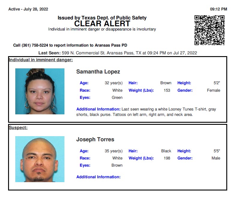 TX_Alerts's tweet photo. ACTIVE MISSING ADULT ALERT for Samantha Lopez from Aransas Pass, TX, on 07/28/2022. https://t.co/Pl2t7oBmnW