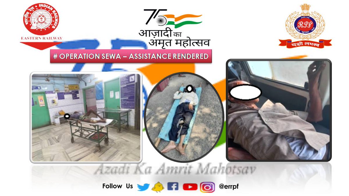 On 28.07.2022, RPF staff of Sealdah &amp; Howrah Division rescued &amp; assisted 02 injured &amp; 01 Sick male persons….admitted them to nearest Hospital.
#Operationsewa
<a href="/RPF_INDIA/">RPF INDIA</a> <a href="/RailMinIndia/">Ministry of Railways</a> <a href="/EasternRailway/">Eastern Railway</a>