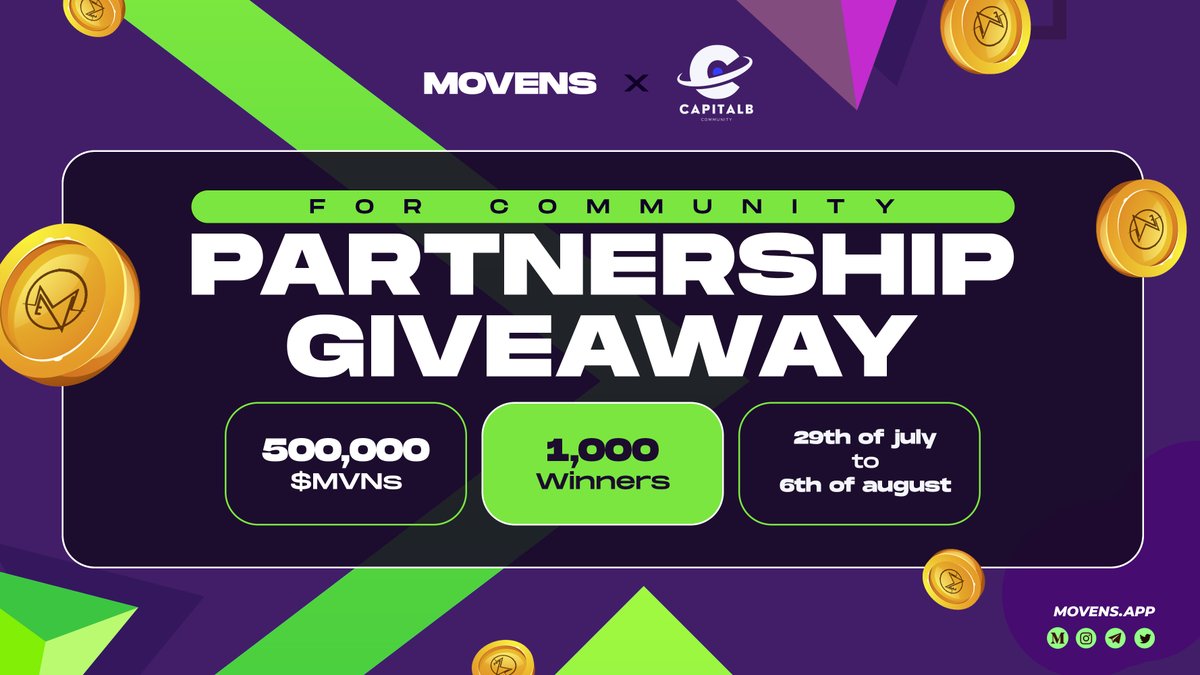 movens_'s tweet image. We are pleased to announce a partnership with 
@CapitalBlockCin
 !🥳
To celebrate, MOVENS and Capital Blockchain are running a special #giveaway !

🎁Prize Pool: 500,000 $MVNS

📌LINK: sweepwidget.com/view/60540-vdc…

#Giveaway #Partnership #FitFi #MOVENS #Move2Earn #GameFi #Airdrop