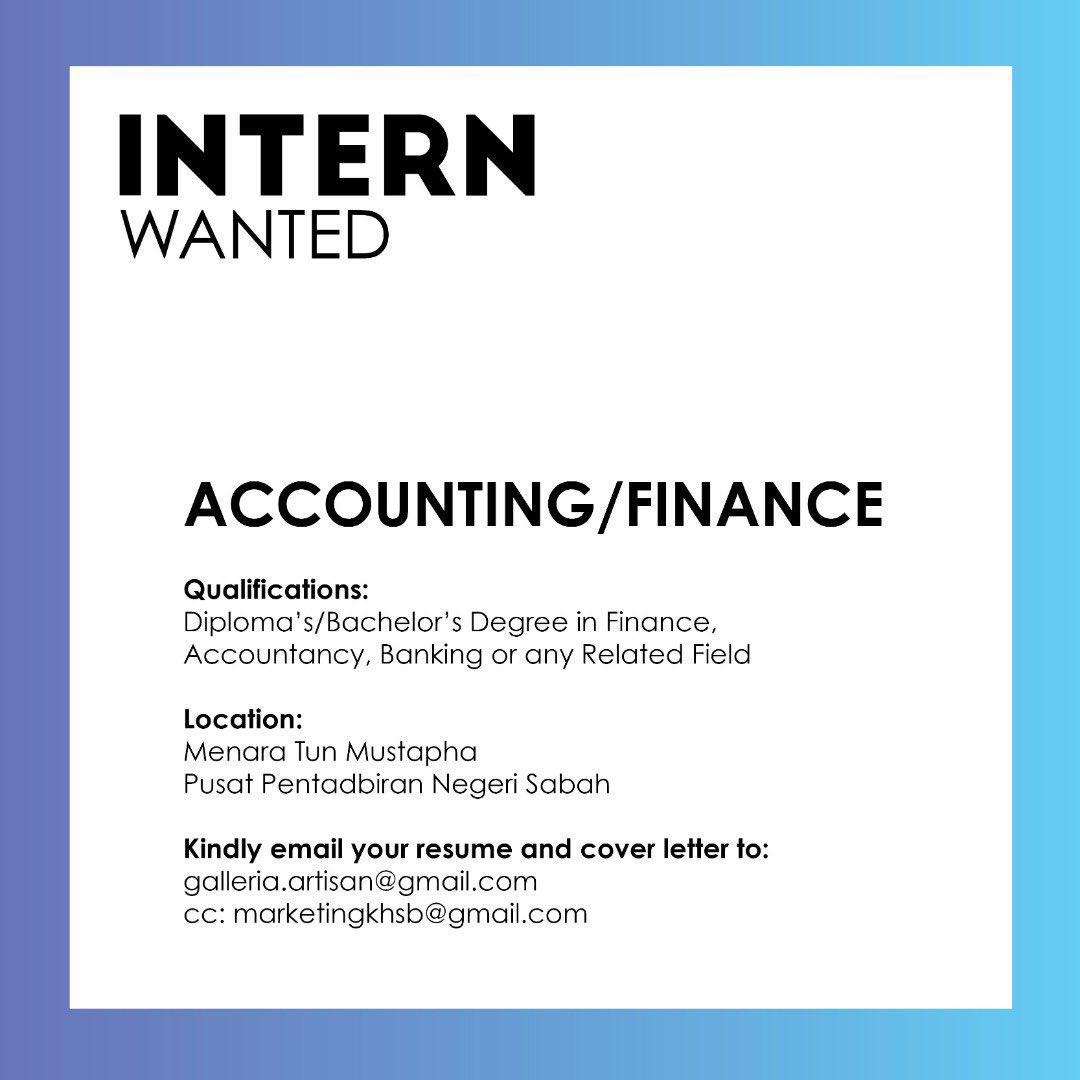 Hello Guys !

Just to let u guys know, if anyone still looking for an intern placement, we are still open for any intern application . These are the field , but we are still open for any related field too. Just submit your application at

📩 galleria.artisan@gmail.com