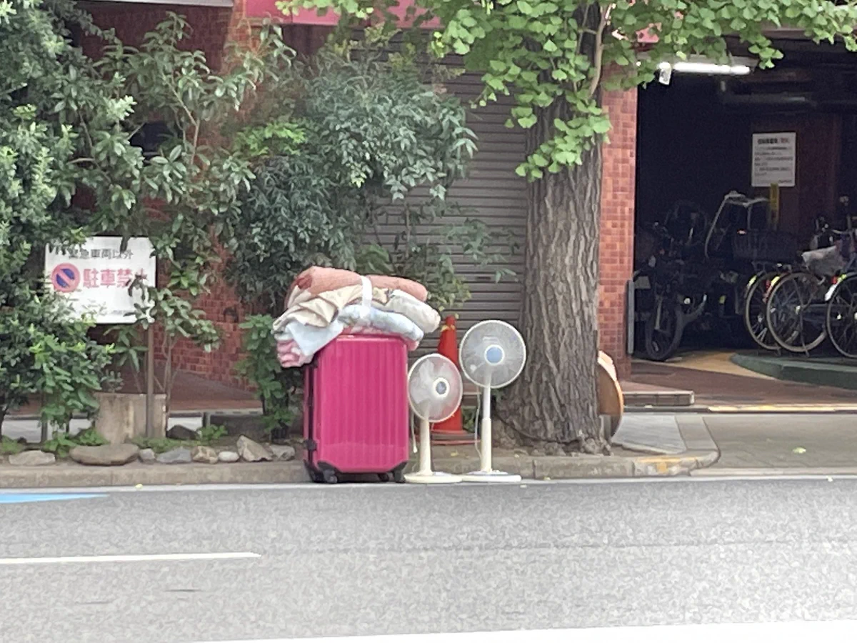 後ろには大荷物。これから旅に出るのであろう姿の扇風機。