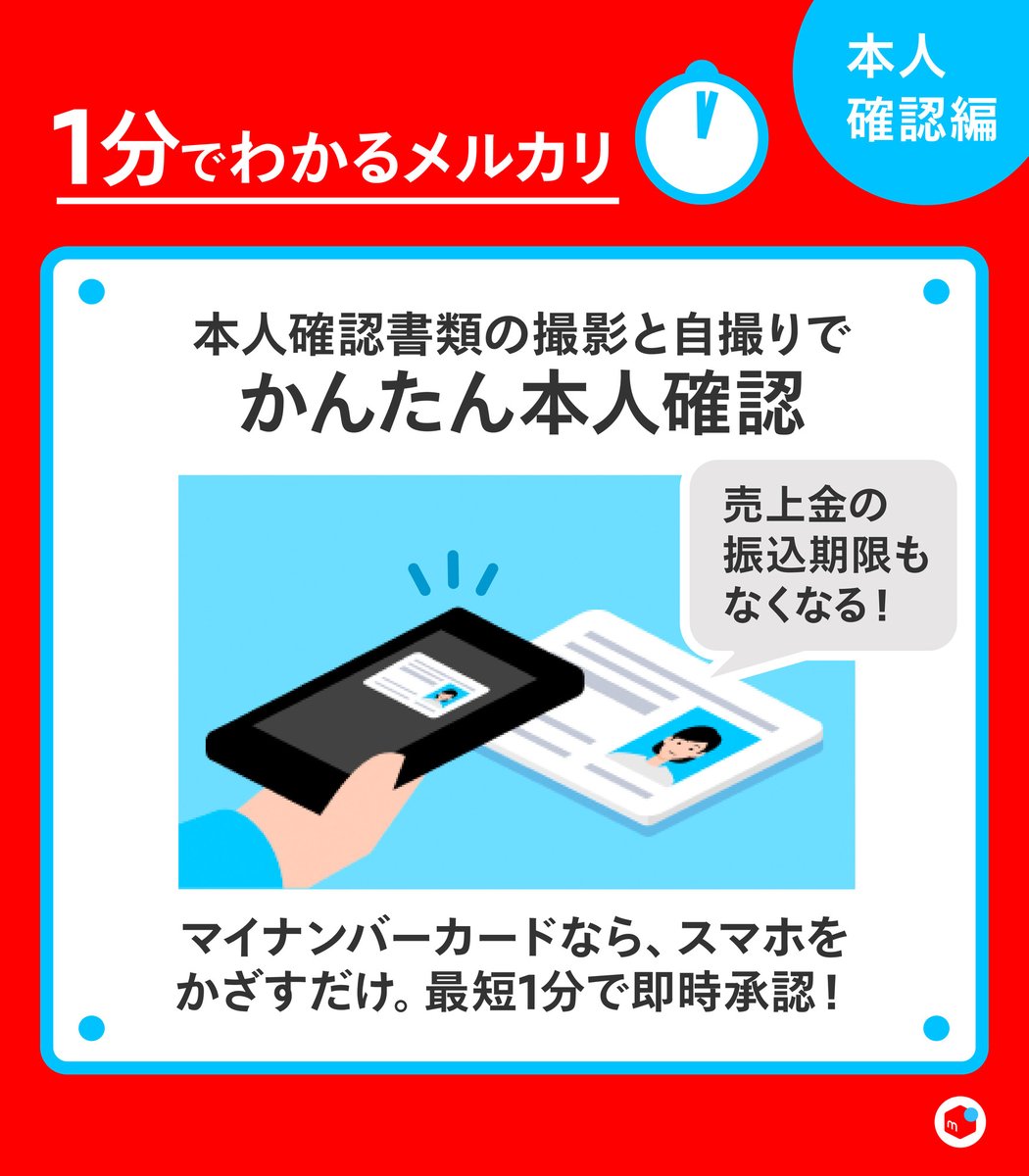 1分でわかるメルカリ／ 「本人確認ってどうやるの？」そんな疑問を解決🌱 本人確認ができると、 ・売上金の振込申請期限がなくなる ・街のお買い物に売上金をそのまま使えるようになる  …などさまざまなメリットがあります！ くわしくは画像でチェック👇