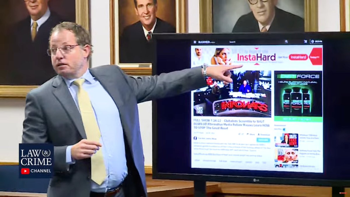 andreasxirtus's tweet photo. During #AlexJones's Defamation Trial, Attorney Kyle Farrar asked InfoWars Host @OwenShroyer about an ad for #INSTAHARD, a product not sold by #Infowars in any shape or form but appearing on Mr. Farrar's computer as a personalized targeted ad from @Google. Which is hilarious. https://t.co/qFSIuY6ppb