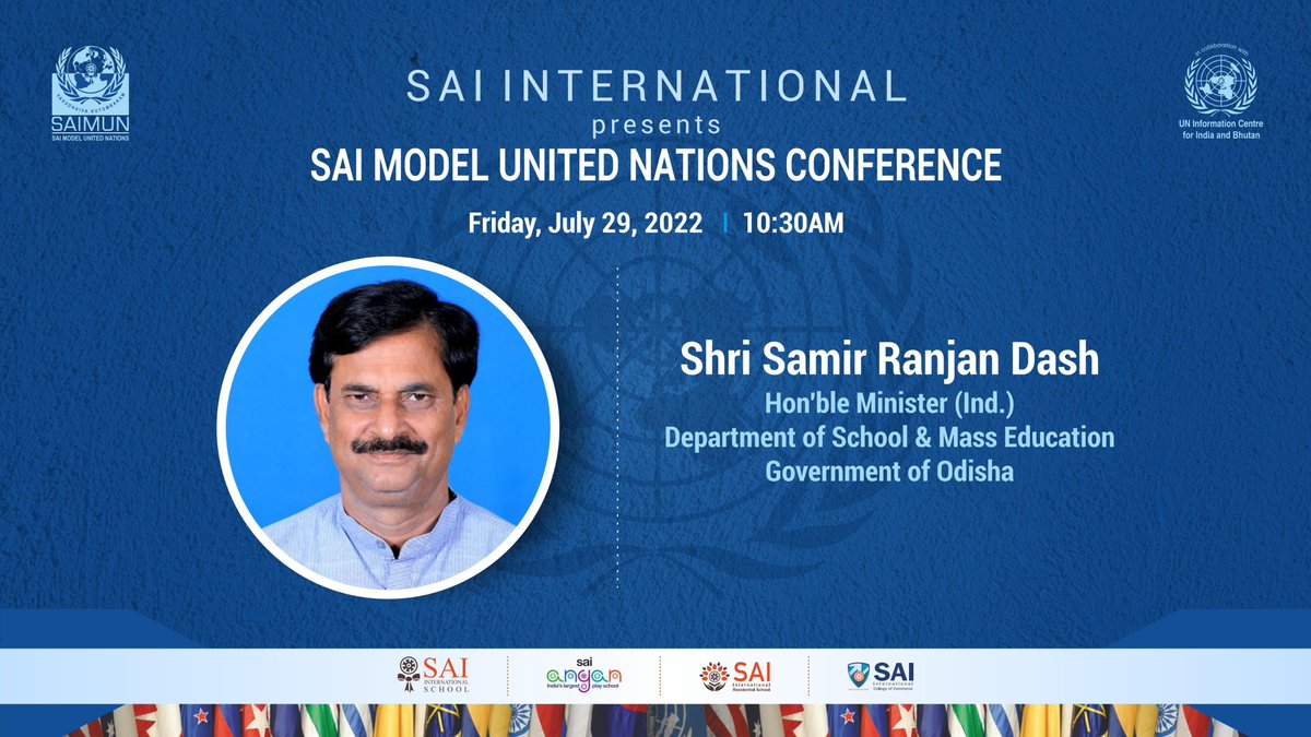 SAI_Edu_In's tweet photo. SAI International Welcomes Hon'ble Minister (Ind.), Department of School & Mass Education, Govt. of Odisha Shri Samir Ranjan Dash as a Chief Guest in the opening ceremony of SAIMUN 2022 on July 29, 2022.
#SAIMUN
#SAIMUN2022
#ModelUnitedNations https://t.co/H1M4eOHC5r