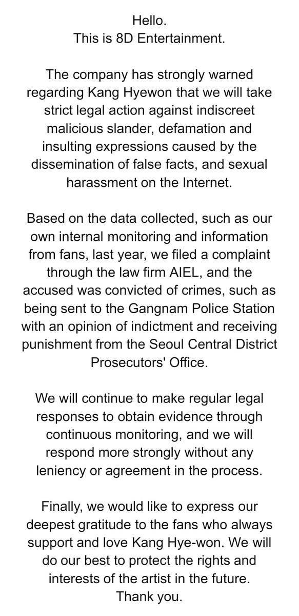 hyemu_official's tweet photo. [NOTICE]

8D Entertainment has filed a lawsuit against malicious slander, defamation, insulting expression, and sexual harassment directed towards Kang Hyewon on the internet and the accused has been found guilty and receiving punishment. https://t.co/oni7MOpzrT