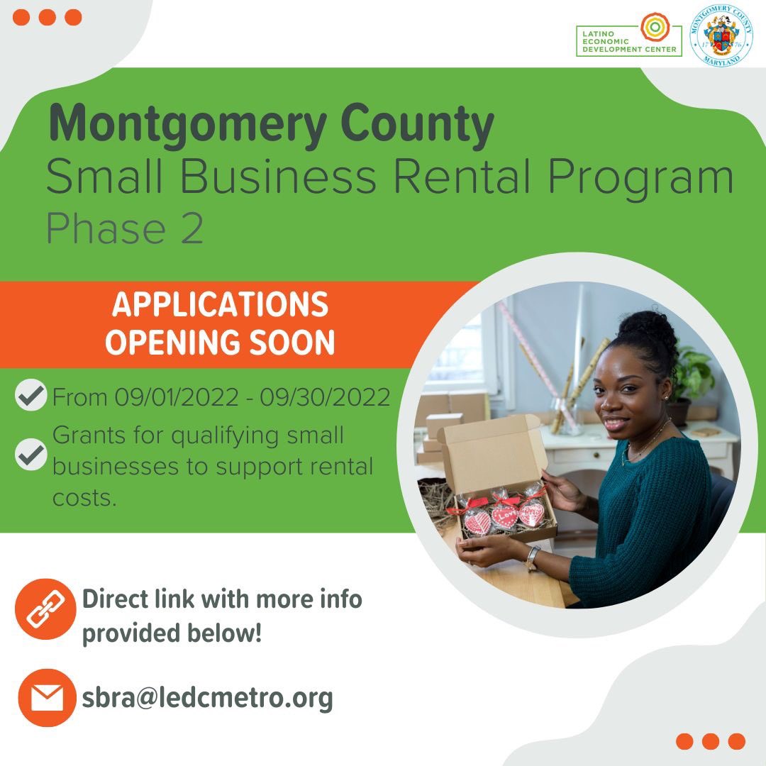 🚨 LEDC - DCI is getting ready for the Montgomery County Small Business Rental Assistance Program - Phase 2🚨 

This program will give grants 💲 to small businesses in qualifying industries to help with their rental costs! 

More info🔗 ow.ly/Wekk50K6yPj | #MoCo