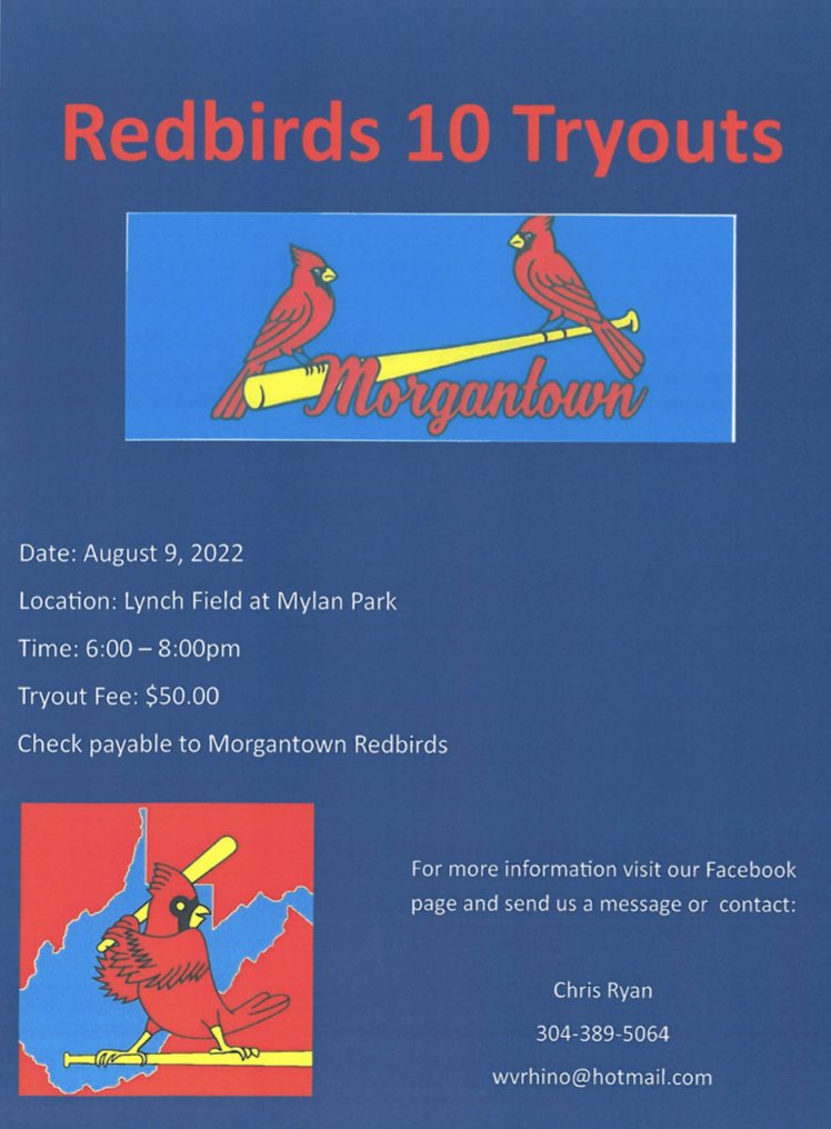 Join the Redbirds Family!

Tryouts for the 2023 10U team will be 6-8 p.m. Aug. 9 on Lynch Field at Mylan Park.