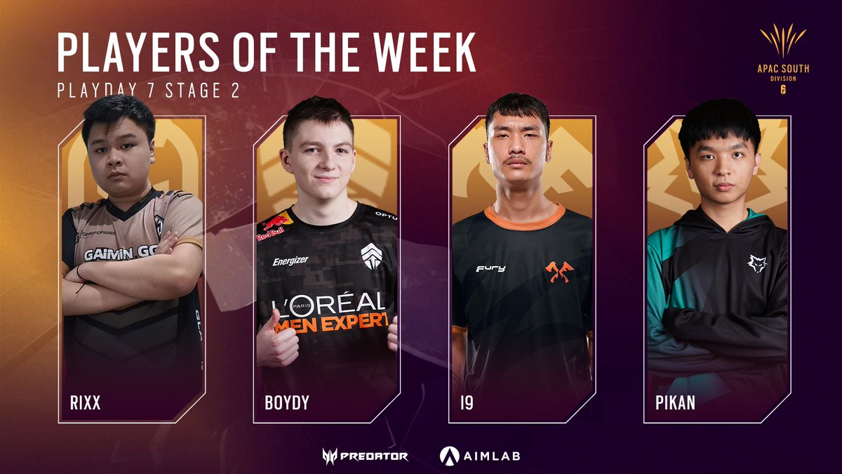 With playday 7 of the #R6APACL completed, take a look at your players of the week from APAC South. 

<a href="/RixxR6/">Rixx</a> 
<a href="/BoydyR6/">Boydy</a> 
<a href="/NayPewR6/">Nay.Pew</a> 
<a href="/PikanR6/">Pikanzu l Daystar</a>