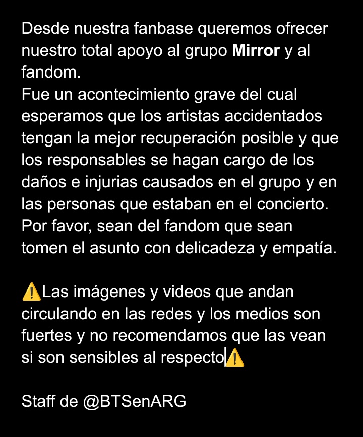 BTSenARG's tweet photo. ‼️ COMUNICADO
[No es sobre BTS]

Hace un par de horas ocurrió un grave accidente durante el concierto del grupo Mirror en Hong Kong, del cual 2 de los integrantes del grupo resultaron heridos y uno de ellos de gravedad.
#mirror演唱會 #ARMY 

Staff de BTSenARG https://t.co/x3iUwNqQdX
