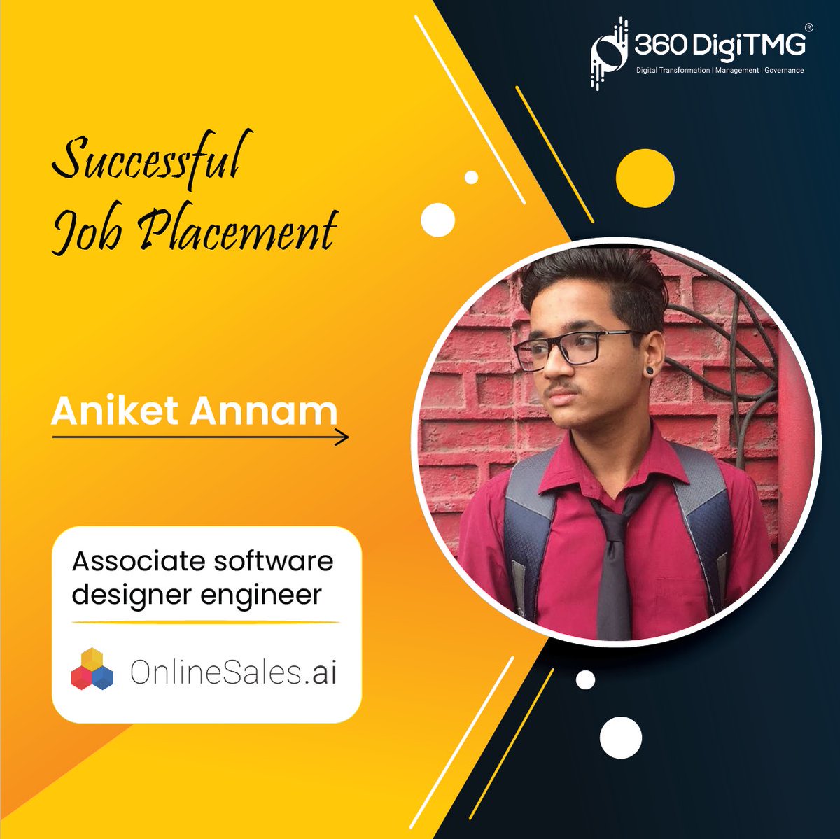 360digitmg's tweet image. Aniket Annam has successfully got placed in  onlinesales.ai  as an  Associate software designer engineer .
Congratulations Aniket Annam!!!
linkedin.com/in/aniket-annaโฆ 
#associatedeveloper #career #successfulplacement #jobplacements #360DigiTMG