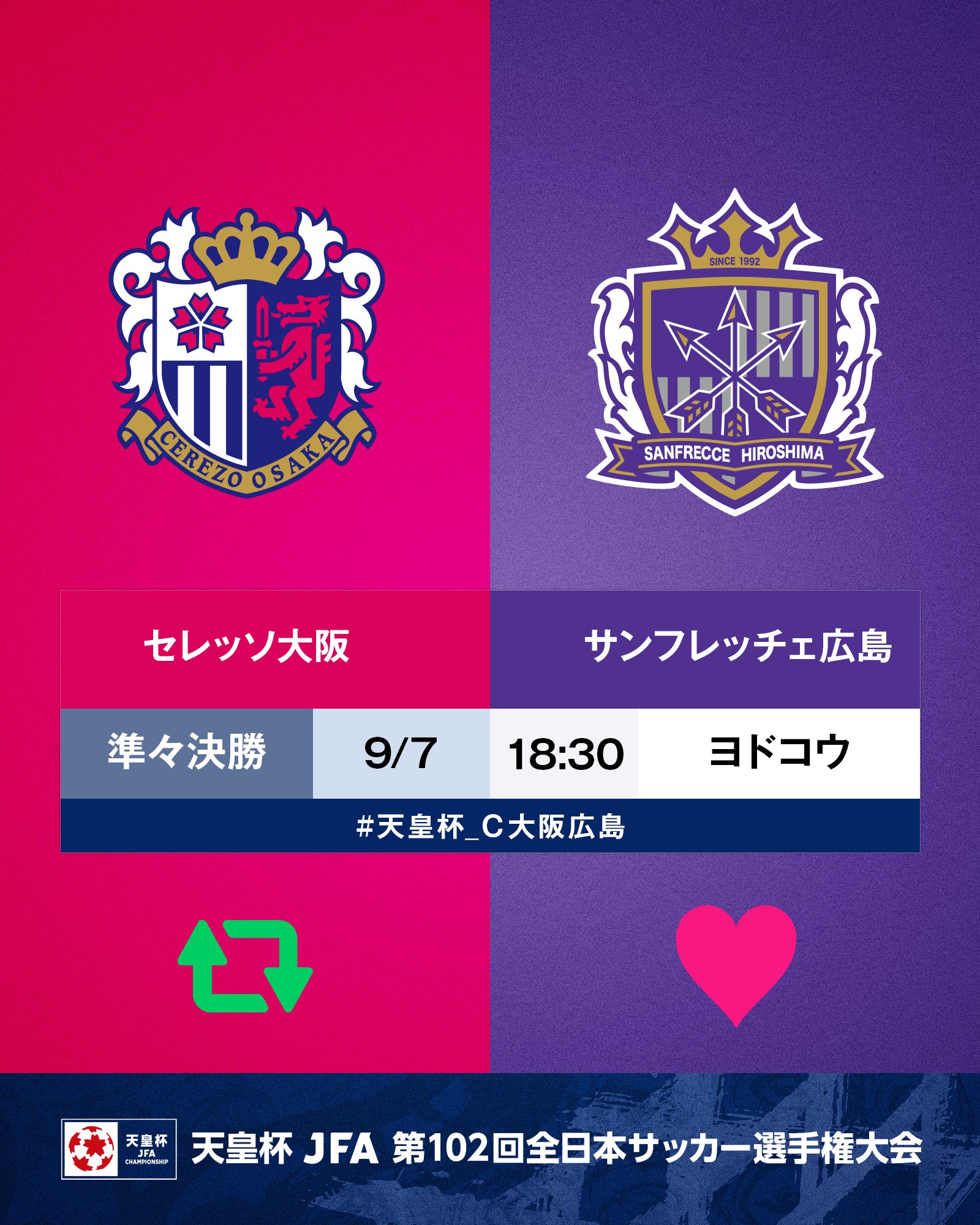 天皇杯 Jfa 第102回全日本サッカー選手権大会 10 5 水 準決勝開催 第102回 天皇杯 準々決勝 セレッソ大阪 サンフレッチェ広島 9 7 水 18 30 ヨドコウ桜スタジアム ｃ大阪が勝つと思う人はrt 広島が勝つと思う人はいいね