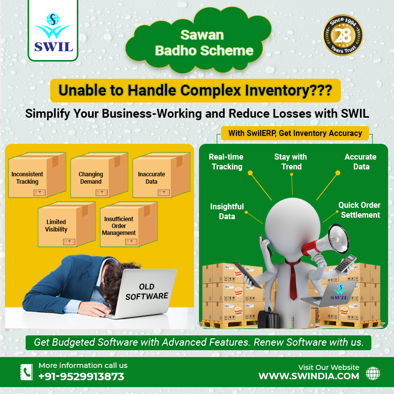 swilerpsoftware's tweet image. SWIL comes with the &quot;Sawan Bhado scheme&quot; and allows you to eliminate inconsistent inventory tracking, changing consumer demands, incorrect data entries, and inaccurate order management. 
📲+91 95299 13873  
🌐zcu.io/Mpd7

#SawanBhadoScheme  #SwilERPSoftware