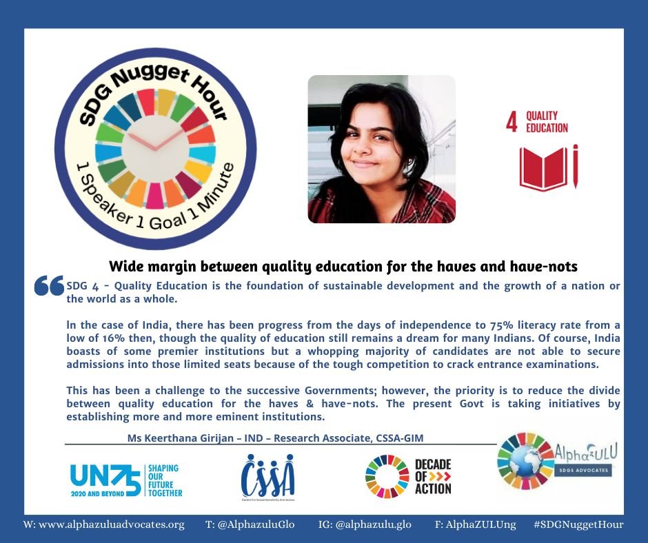 CSSAGIM (@cssagim) on Twitter photo <a href="/cssagim/">CSSAGIM</a> Research Associate Ms. <a href="/Keerthana_P_G/">Keerthana</a> spoke on #SDG4 during #SDGNuggetHour hosted by <a href="/AlphazuluGlo/">AlphaZULU Advocates</a>
Thank you Ms. <a href="/DEE_STRATEGIST/">Eliza Moses-Mullard</a> for this collaboration
#Agenda2030 #CSSAGIM <a href="/cssagim/">CSSAGIM</a> Research Associate Ms. <a href="/Keerthana_P_G/">Keerthana</a> spoke on #SDG4 during #SDGNuggetHour hosted by <a href="/AlphazuluGlo/">AlphaZULU Advocates</a>
Thank you Ms. <a href="/DEE_STRATEGIST/">Eliza Moses-Mullard</a> for this collaboration
#Agenda2030 #CSSAGIM