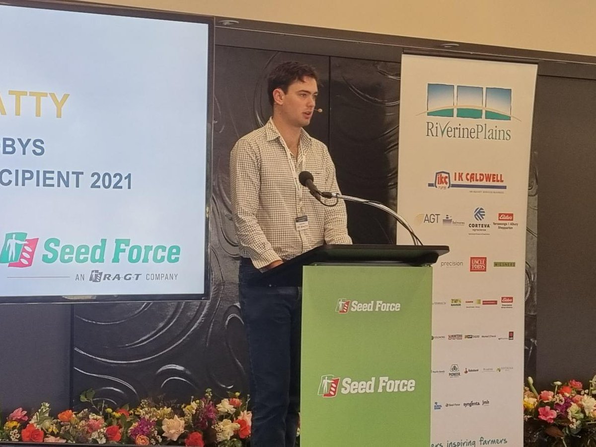So excited to have our #JohnHanrahanScholarship &amp; <a href="/UncleTobys/">Uncle Tobys</a> Scholarship recipients share their aspirations at today's #RiverinePlains &amp; @SeedForceAU Innovation Conference. Congrats Lachlan Quibell, Sophie Hanna, Jess Ryan &amp; Tom Hatty on your presentations! #futureagleaders
