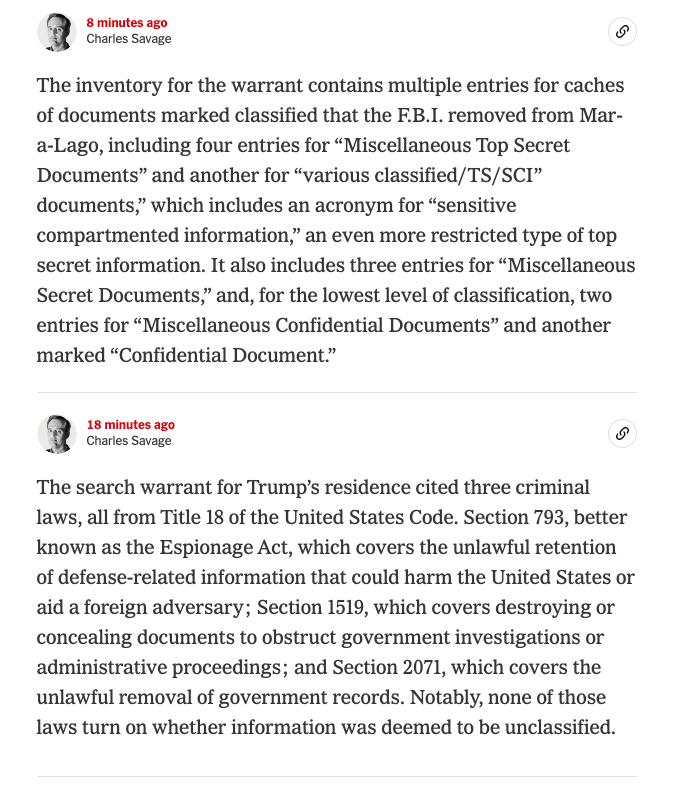 charlie_savage's tweet photo. My colleagues and I are mining the search warrant here:

https://t.co/tBfNG6BmEI https://t.co/WyoJ1IvUoT