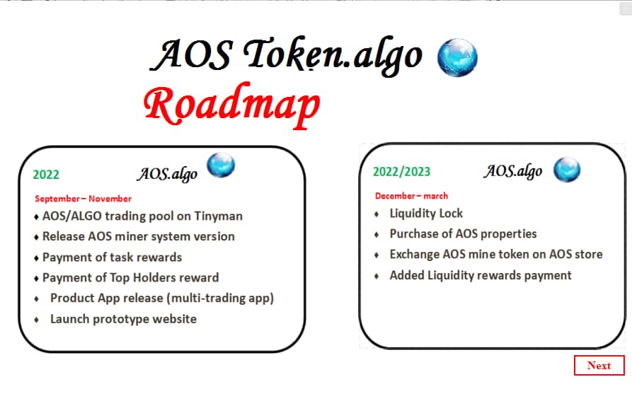 AOSToken_Algo's tweet image. Our Roadmap. Any reviews or sugessions @doggycoinasa @ButtCoinASA @AkitaInuASA @octorand @moistgrannies69 @PolyMetaToken @octorand @algo_stake