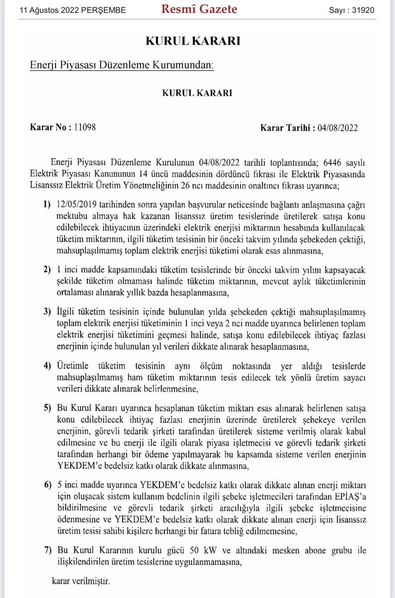 EPDK Başkanı Mustafa YILMAZ İstanbul Hukuk mezunuymuş. 

GES’lerle ilgili Resmi Gazete’de yayımlanan kurul kararı baştan sona hukuksuzluklarla dolu.

Yayımlanan kararı hangi hukuk bilginize dayanarak geçmişe yürütebiliyorsuz merak ediyorum. Yazık gerçekten çok yazık #EPDK #GES