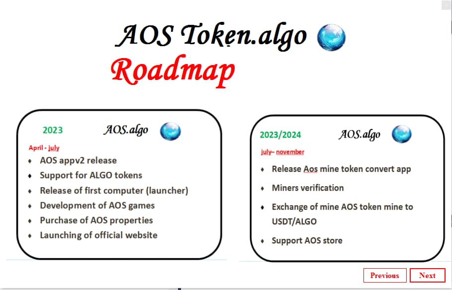 AOSToken_Algo's tweet image. Our Roadmap. Any reviews or sugessions @doggycoinasa @ButtCoinASA @AkitaInuASA @octorand @moistgrannies69 @PolyMetaToken @octorand @algo_stake
