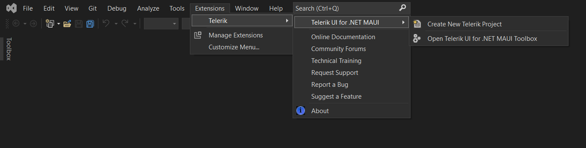 Telerik's tweet image. First in preview, now fully supporting the official version of Visual Studio 2022- take a look at Telerik UI for .NET MAUI's toolbox! And in the beautiful dark theme of VS, too! Come check out more: prgress.co/3BZJAkQ #dotNET #DotNetMAUI #VS2022