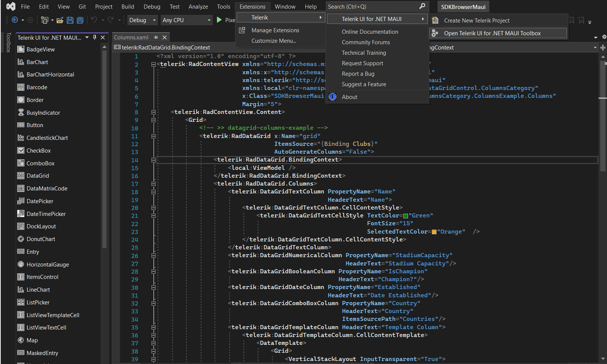 Telerik's tweet image. First in preview, now fully supporting the official version of Visual Studio 2022- take a look at Telerik UI for .NET MAUI's toolbox! And in the beautiful dark theme of VS, too! Come check out more: prgress.co/3BZJAkQ #dotNET #DotNetMAUI #VS2022