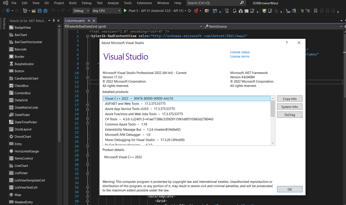 Telerik's tweet image. First in preview, now fully supporting the official version of Visual Studio 2022- take a look at Telerik UI for .NET MAUI's toolbox! And in the beautiful dark theme of VS, too! Come check out more: prgress.co/3BZJAkQ #dotNET #DotNetMAUI #VS2022