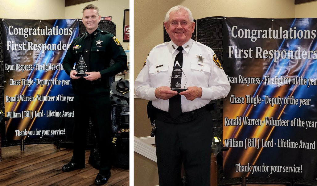 PolkCoSheriff's tweet photo. Last week, the Frostproof Area Chamber of Commerce held their 1st Annual First Responders Banquet. Deputy Sheriff Chase Tingle was chosen as Deputy of the Year and Ron Warren was chosen as Volunteer of the Year. 

Outstanding!  

#PCSO  
#FrostproofReallyIsTheFriendlyCity https://t.co/H4sh034hRk