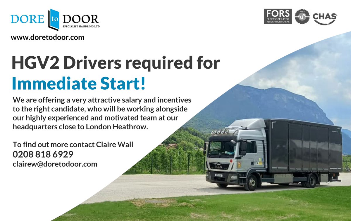 DoreToDoor2018's tweet photo. HGV2 Drivers required for immediated start! 
Attractive salaries and incentive packages. For further details or to apply please contact Claire Wall clairew@doretodoor.com
Tel: 0208 818 6929
 #hgvjobs #HGVdriver #hgvdrivers #HGV2 https://t.co/P4SSo9n7zk