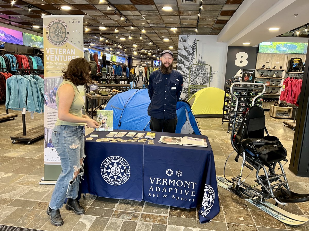 Want to learn more about our Veteran Ventures Program? Swing by the Vermont Adaptive table at Black Diamond on Church St. in Burlington this weekend during the sidewalk sale days. Thanks to Black Diamond for their support in what we do.