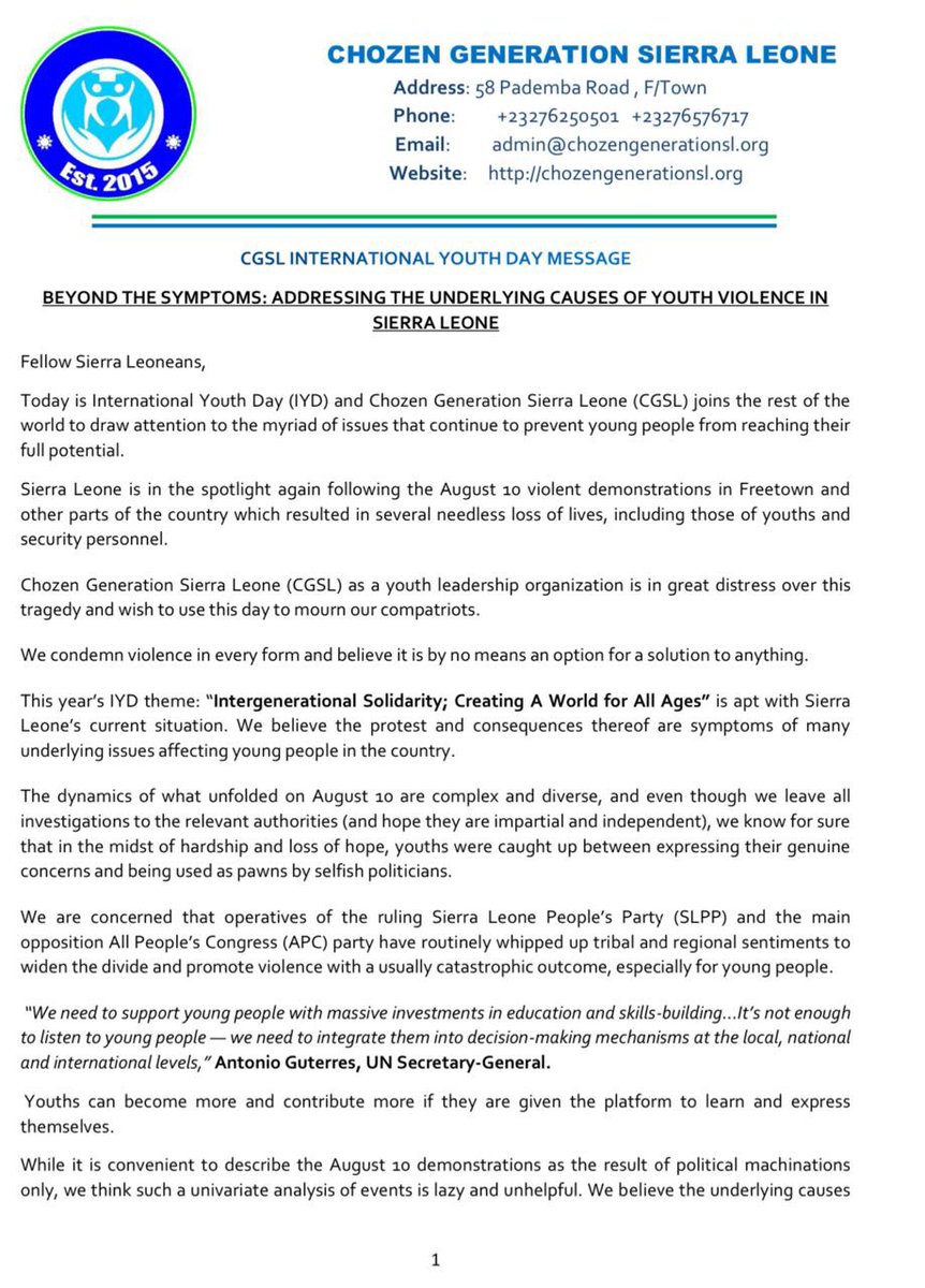 cgsl_1's tweet photo. Sierra Leone’s leading youth-serving organization calls for calm, encourages stakeholders to look beyond the violence of the August 10 Demonstrations…. https://t.co/TGwUWRvC6W